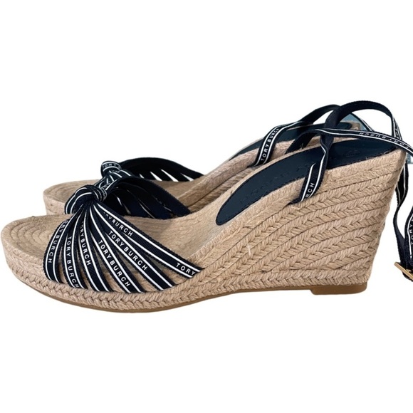 Tory Burch Ribbon Espadrille Wedge Jute Sandal Perfect Navy Size 10M - Picture 5 of 8